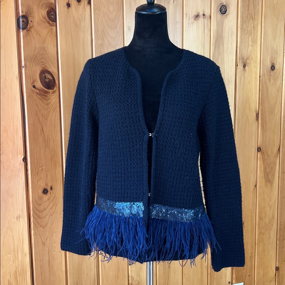 Pauline B. Womens Cardigan Navy‎ Blue Basket weave feather trim statement